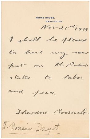 Lot #36 Theodore Roosevelt: A presidential inscription on “M. Rodin’s statue to labor and peace” - Image 1
