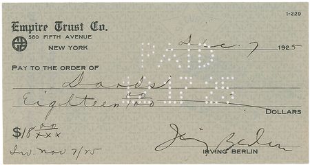 Lot #824 Irving Berlin Check - Image 1