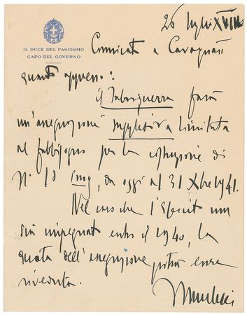 Lot #222 Benito Mussolini: Just after siding with Hitler, Mussolini makes provisions “in case the Army is not engaged in warfare in 1940” - Image 2