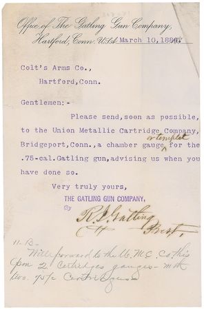 Lot #178 Richard Gatling: Correspondence with Colt?s Arms Co. concerning his ?.75-cal. Gatling gun? - Image 2