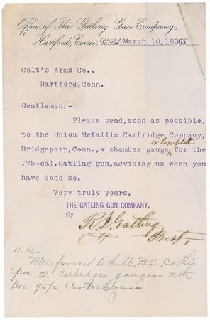 Lot #178 Richard Gatling: Correspondence with Colt?s Arms Co. concerning his ?.75-cal. Gatling gun? - Image 1