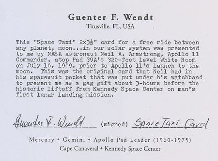 Lot #5044 Guenter Wendt’s Space Taxi Card Presented by Armstrong at Apollo 11 Launch  - Image 3