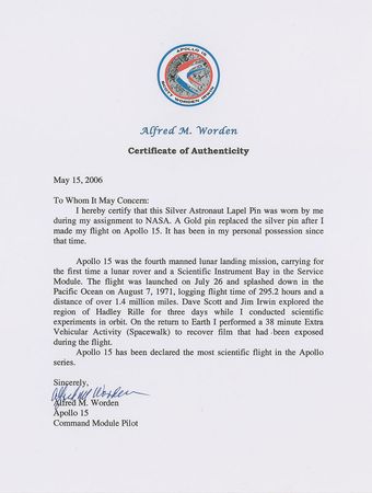 Lot #5084 Al Worden?s Silver Astronaut Lapel Pin - Image 2