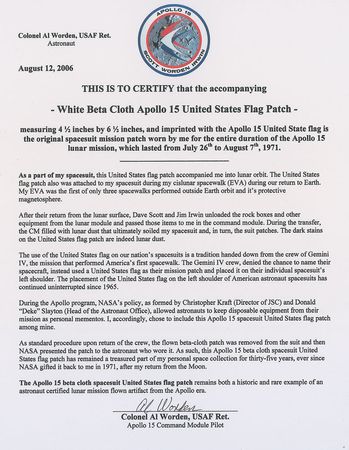 Lot #5079 Al Worden?s Apollo 15 Flown Flag Patch - Image 3