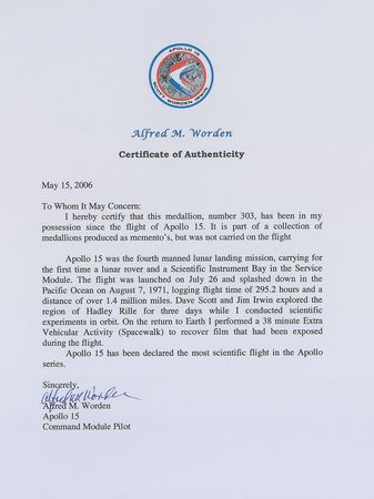 Lot #5083 Al Worden?s Apollo 15 Robbins Medal - Image 6