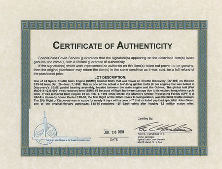 Lot #5116 STS-95 Flown Gimbal Bolt - Image 4