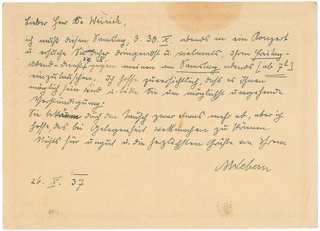 Lot #797 Anton von Webern Handwritten Letter Signed - Image 1