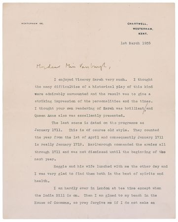 Lot #237 Winston Churchill: Churchill praises an actress’s portrayal of his distant relative, the Duchess of Marlborough - Image 1