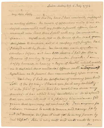 Lot #141 John Jay: Jay writes home from London in the summer of 1794, while negotiating his eponymous treaty: “How my mission will terminate I cannot yet decide. There is room for hope, and also some for doubt” - Image 1