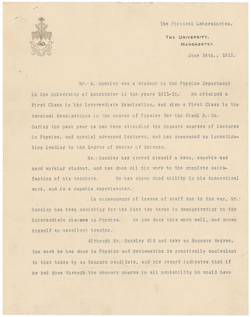 Lot #212 Ernest Rutherford: The Nobel laureate recommends a student who, “in consequence of losses of staff due to the war” assisted teaching “the Intermediate classes in Physics” - Image 1