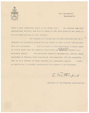 Lot #212 Ernest Rutherford: The Nobel laureate recommends a student who, “in consequence of losses of staff due to the war” assisted teaching “the Intermediate classes in Physics” - Image 2