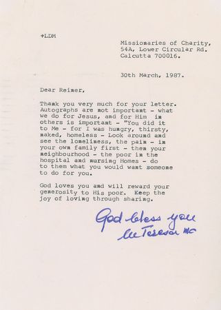 Lot #345 Mother Teresa Typed Letter Signed - Image 1