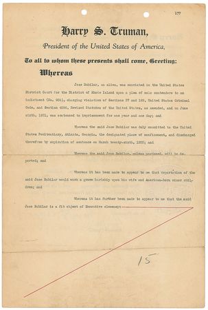 Lot #48 Harry S. Truman: Rare pardon from the president and soon-to-be Supreme Court justice - Image 1