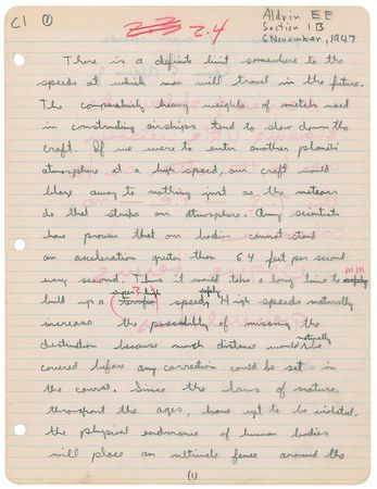 Lot #516 Buzz Aldrin: The 17-year-old Aldrin: “If we were to enter another planet’s atmosphere at a high speed, our craft would blaze away to nothing” - Image 1