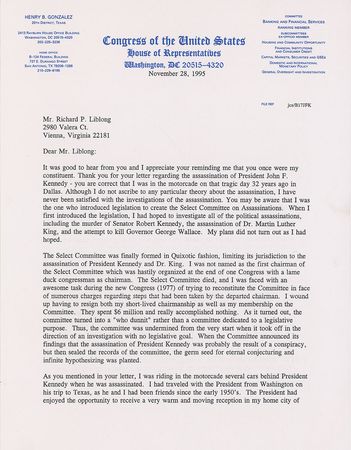 Lot #327 Kennedy Assassination: Henry Gonzalez Typed Letter Signed - Image 1