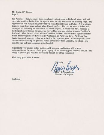 Lot #327 Kennedy Assassination: Henry Gonzalez Typed Letter Signed - Image 2