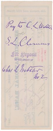 Lot #679 Samuel L. Clemens: Clemens signs a check over to his publisher during a Huckleberry Finn promotional tour - Image 1