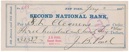 Lot #679 Samuel L. Clemens: Clemens signs a check over to his publisher during a Huckleberry Finn promotional tour - Image 2