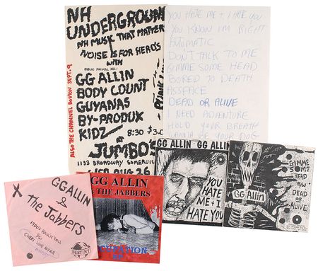 Lot #7482 GG Allin Test Pressing, Set List, Resume, Show Poster, Press Release, and Singles - Image 1
