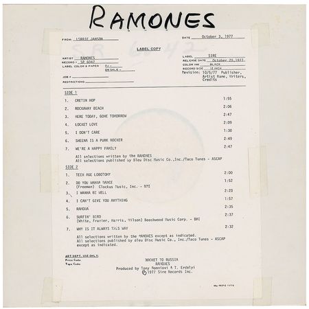 Lot #7451 The Ramones Rocket to Russia Test Pressing - Image 1