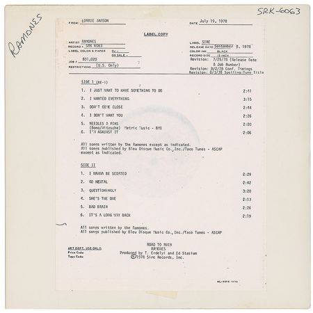 Lot #7454 The Ramones Road to Ruin Test Pressing - Image 1