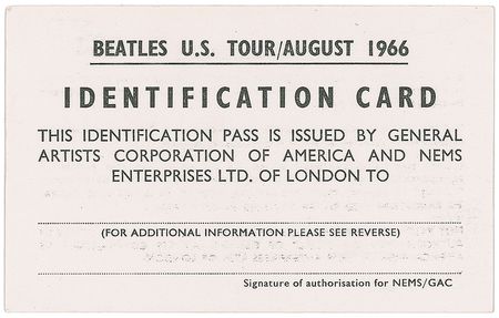 Lot #7070 Beatles 1966 US Tour ID Card - Image 1