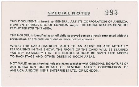 Lot #7070 Beatles 1966 US Tour ID Card - Image 2