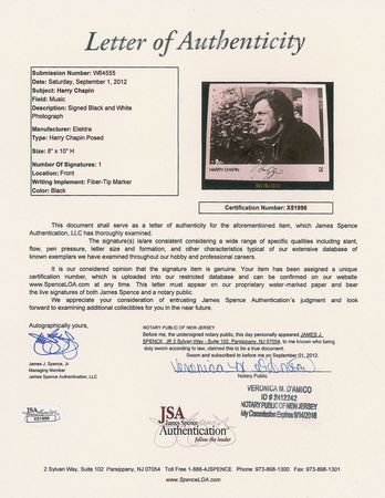 Lot #7297 Harry Chapin Signed Photograph - Image 2