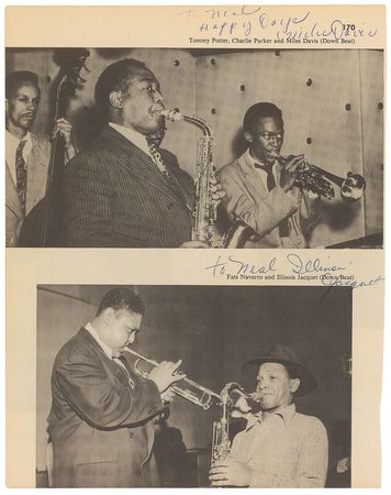 Lot #7172 Miles Davis, Chet Baker, and Illinois Jacquet Signed Book Page - Image 1