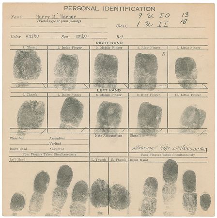 Lot #1016 Harry Warner Fingerprint Card - Image 1