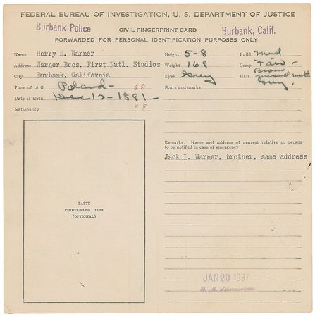 Lot #1016 Harry Warner Fingerprint Card - Image 2
