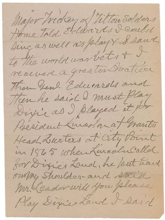 Lot #440 Union Band Leader: Lincoln requests “Dixies Land”—“I said Mr. President that’s a Confederate tune, he smiled and said it was but we’ve captured it” - Image 3