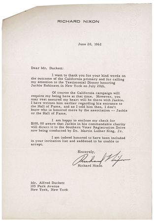 Lot #193 Richard Nixon: Unable to attend Jackie Robinsonâ€™s Hall of Fame induction, Nixon sends a donation for 