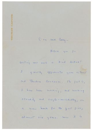 Lot #652 Truman Capote: “I have been working, and working steadily and single-mindedly, on a new book for the past five, almost six years. Now it is almost finished. The title is: ‘In Cold Blood’” - Image 1