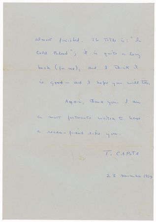 Lot #652 Truman Capote: “I have been working, and working steadily and single-mindedly, on a new book for the past five, almost six years. Now it is almost finished. The title is: ‘In Cold Blood’” - Image 2