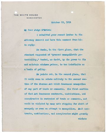 Lot #53 Woodrow Wilson: “The Department of Justice will act in the spirit of entire fairness,” assures President Wilson after the enactment of new antitrust legislation - Image 1