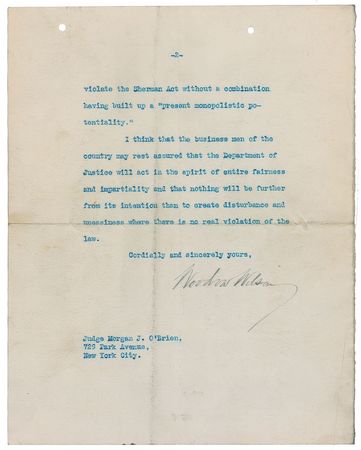 Lot #53 Woodrow Wilson: “The Department of Justice will act in the spirit of entire fairness,” assures President Wilson after the enactment of new antitrust legislation - Image 2