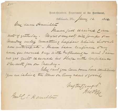 Lot #1837 John Pope: Pope writes to General Hamilton from his sick bed in Milwaukee - Image 2