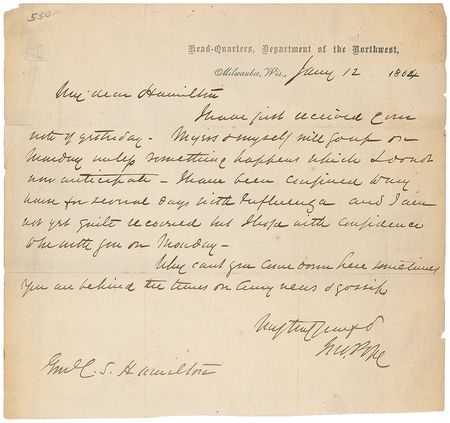 Lot #1837 John Pope: Pope writes to General Hamilton from his sick bed in Milwaukee - Image 1