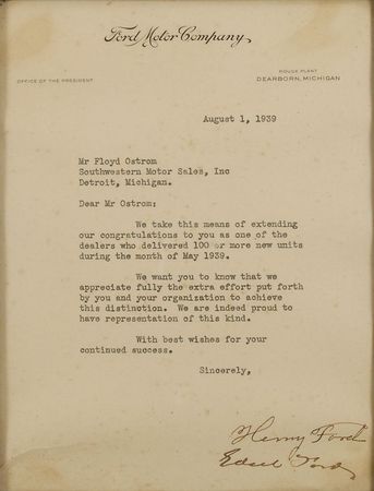 Lot #220 Henry and Edsel Ford: Henry and Edsel Ford congratulate a dealer for moving 100 cars in a month - Image 2
