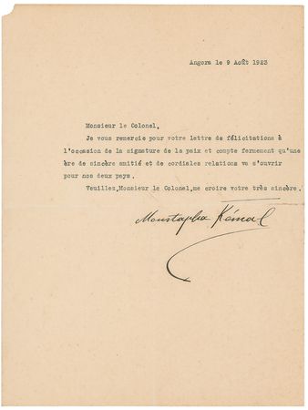 Lot #258 Mustafa Kemal Ataturk: Victorious Ataturk sends his thanks two weeks after the Treaty of Lausanne - Image 1