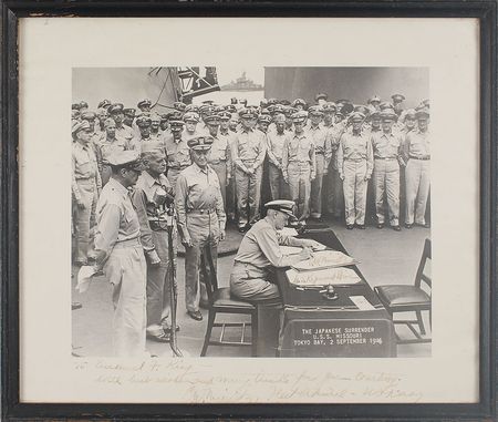 Lot #412 Chester Nimitz: Historic twice-signed Japanese surrender inscribed to a submarine sonar engineer - Image 1