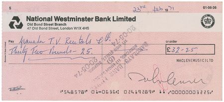 Lot #817 Beatles: John Lennon: Ideal 1971 check drawn on the Lennon-McCartney account - Image 1
