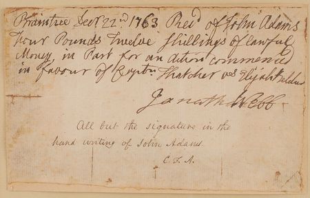 Lot #2 John Adams: Early 1763 autograph document certified by his son - Image 2