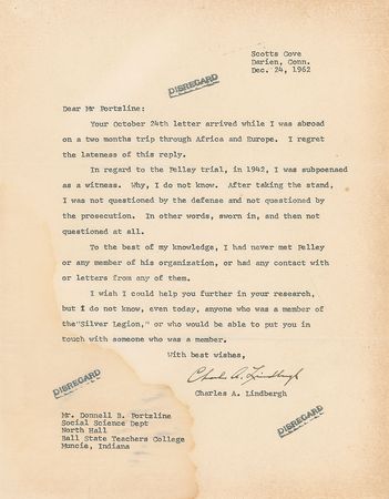 Lot #199 William Dudley Pelley and the Silver Legion: Lindbergh denies involvement with the notorious leader: 