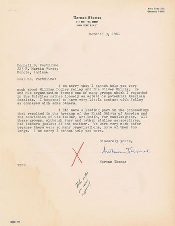 Lot #199 William Dudley Pelley and the Silver Legion: Lindbergh denies involvement with the notorious leader: 