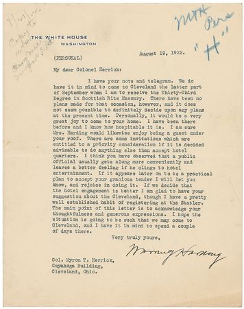 Lot #61 Warren G. Harding: President Harding receives “the Thirty-Third Degree in Scottish Rite Masonry” - Image 1