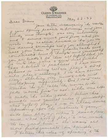 Lot #1154 Glenn ‘Pop’ Warner Handwritten Letter Signed - Image 1