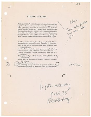Lot #638 Allen Ginsberg: Ginsberg?s drafts of ?Contest of Bards,? triple-signed and inscribed to Peter Orlovsky - Image 4