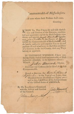 Lot #176 John Hancock: Crisply signed Revolutionary Warâ??dated appointment - Image 1